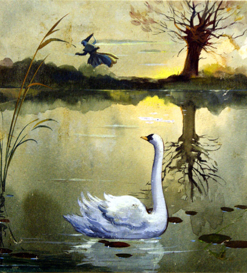 The Swan on the Lake at Sunset (Original) by Hansel and Gretel (Blasco) Art at The Illustration Art Gallery