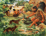 A cave man makes friends with a young wolf (Original Macmillan Poster) (Print)