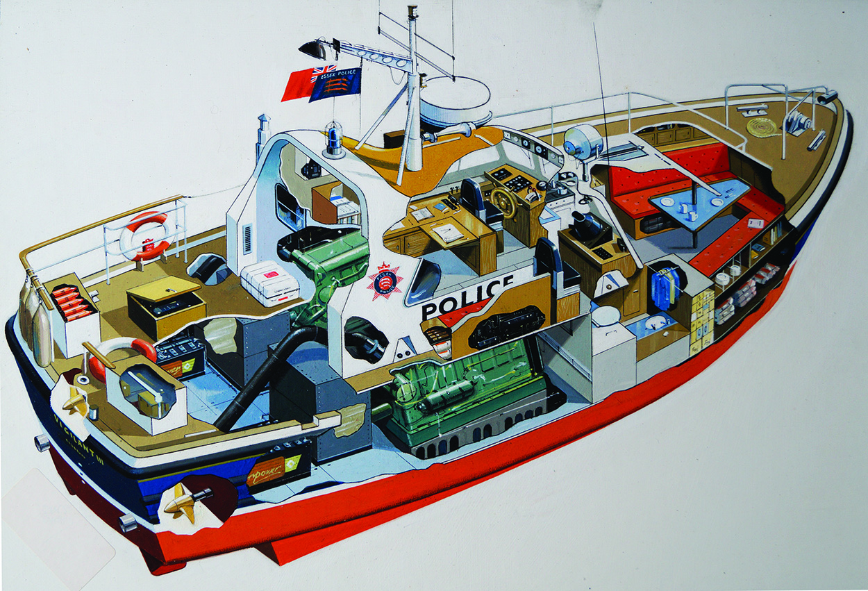 Essex Police Boat Cut-away (Original) art by Sea (Wilf Hardy) at The Illustration Art Gallery