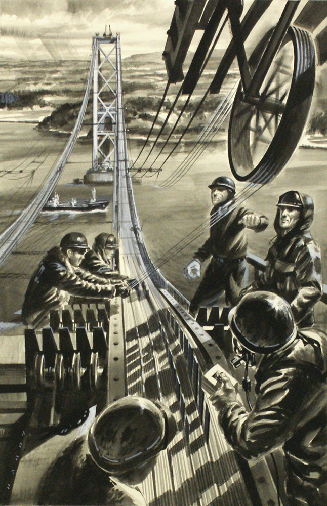 Building the Bridge across the Firth of Forth (Original) (Signed) art by Land (Wilf Hardy) at The Illustration Art Gallery