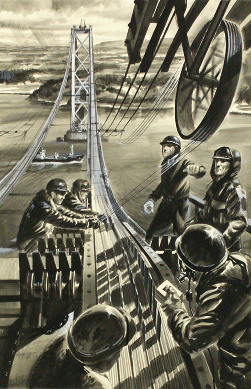 Building the Bridge across the Firth of Forth (Original) (Signed) by Land (Wilf Hardy) at The Illustration Art Gallery