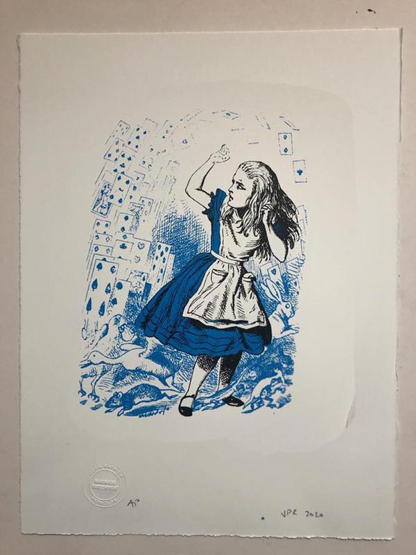 Alice defending her self from a pack of cards, in blue (Print) (Signed) by John Tenniel at The Illustration Art Gallery