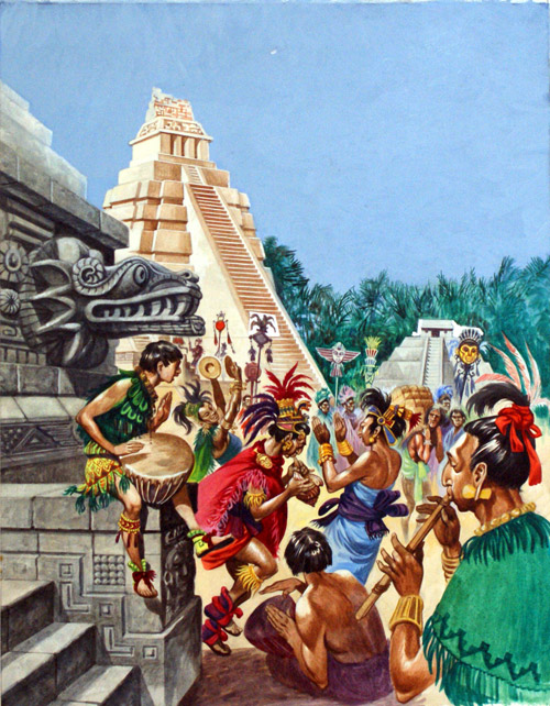 Celebrations at a Mayan Temple (Original) by Peter Jackson at The Illustration Art Gallery