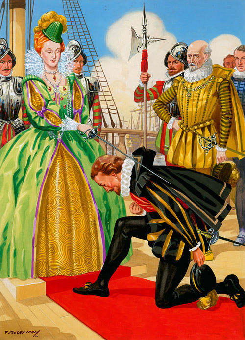 Queen Elizabeth I Knights Sir Francis Drake (Original) (Signed) by F Stocks May Art at The Illustration Art Gallery