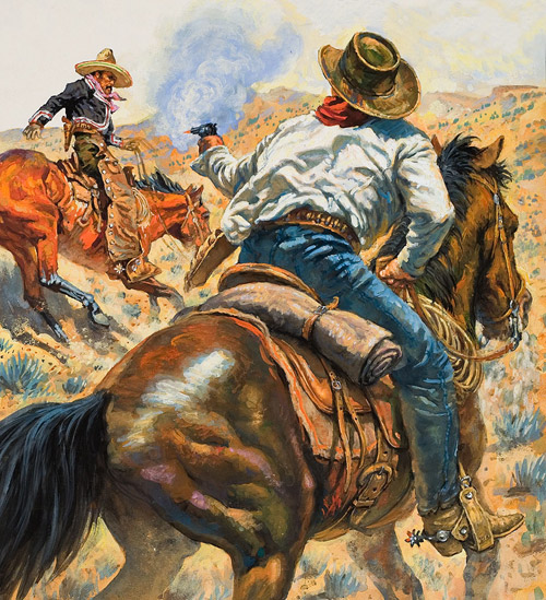 Cowboy Shooting a Vaquero (Original) by Edwin Phillips at The Illustration Art Gallery