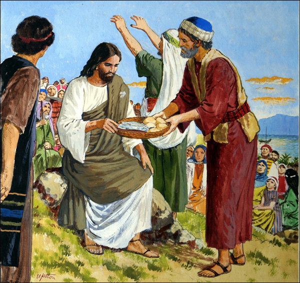 Jesus - The Miracle of Feeding the Five Thousand (Original) (Signed) by The Bible (Uptton) at The Illustration Art Gallery